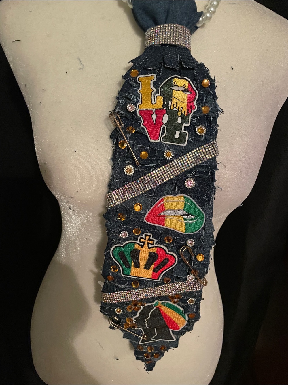 Denim Hair Tie Necklace with Multicolor Rasta Patches
